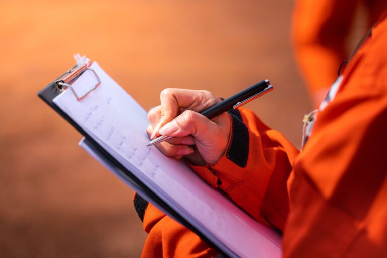Woman in high visibility jacket marking checklist